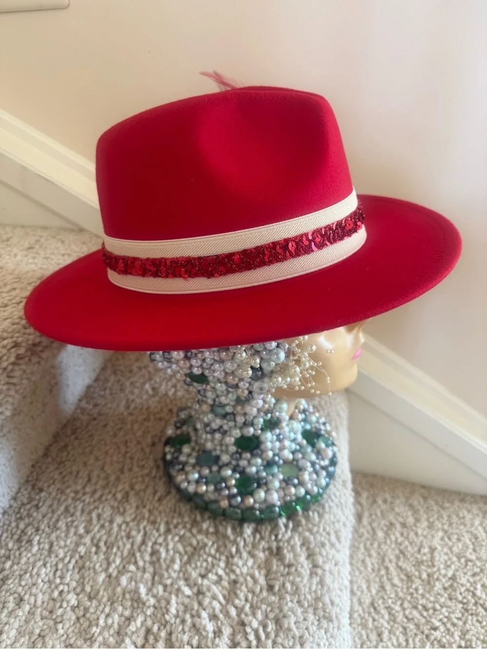 Red Women's Fedora Hat with Sequin Band